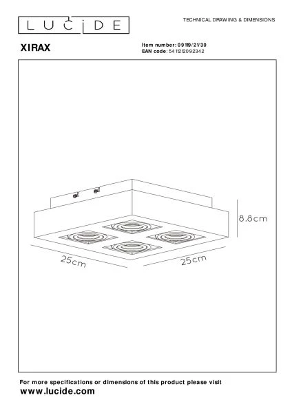 Lucide XIRAX - Spot plafond - LED Dim to warm - GU10 - 4x5W 2200K/3000K - Noir - TECHNISCH